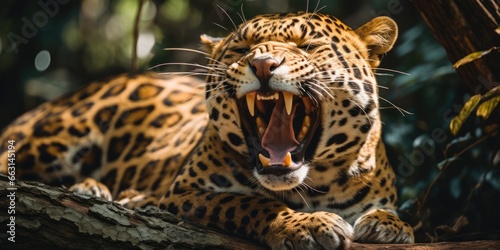 a image Magnificent Jaguar resting on a tree trunk with open mouth  AI Generative