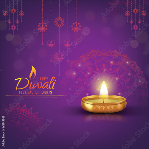Happy Diwali - festival of lights colorful poster template design with decorative diya lamp.