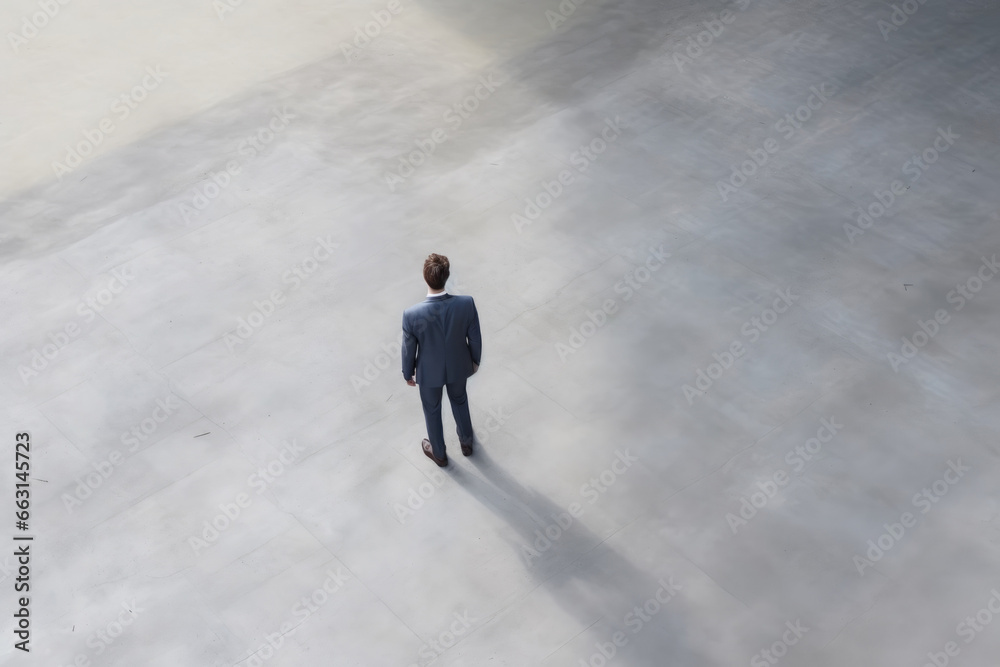 Top view businessman in empty concrete open space interior Top view businessman in empty concrete open space interior