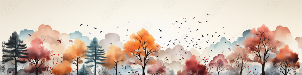 watercolor drawing long narrow panorama painting multi colored autumn forest on a white background banner - obrazy, fototapety, plakaty 