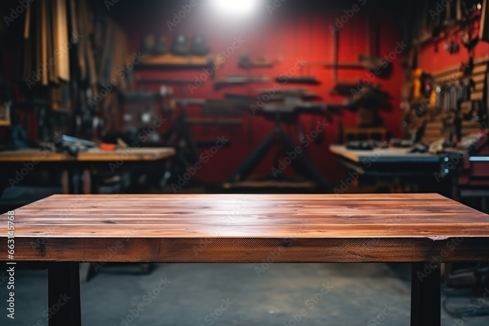 empty wooden table on garage background with tools empty wooden table on garage background with tools