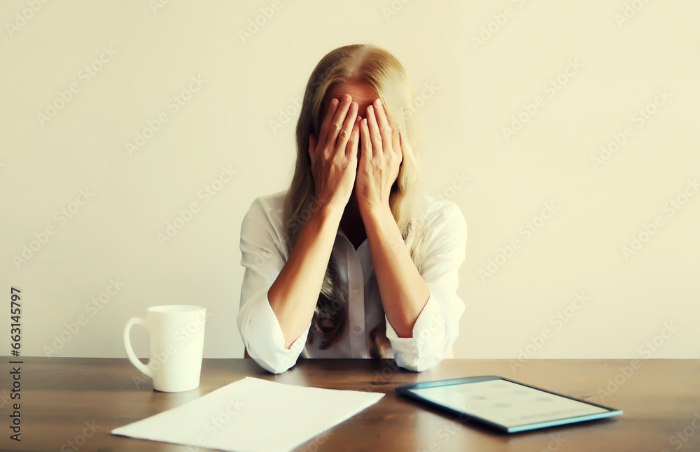 Sad upset emotional crying woman employee while working with tablet computer, paper document with cup of coffee sitting at the table at home Sad upset emotional crying woman employee while working with tablet computer, paper document with cup of coffee sitting at the table at home