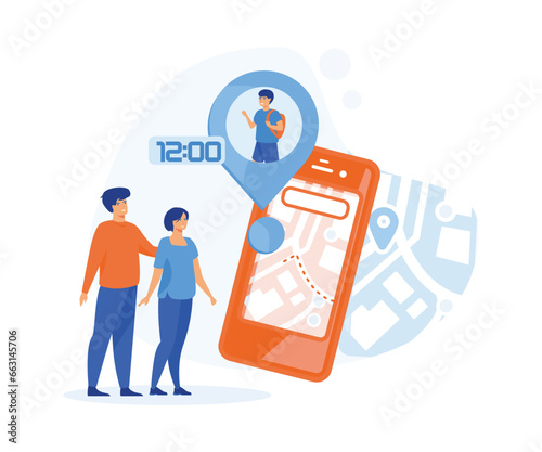 Parental control app for kid real-time location. Parents monitoring whereabouts of child via smartphone with geolocation tracking application. flat vector modern illustration