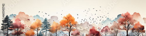 watercolor drawing long narrow panorama painting multi colored autumn forest on a white background banner