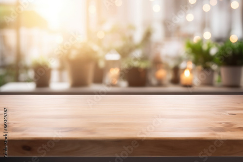 empty wooden table against the background of potted plants