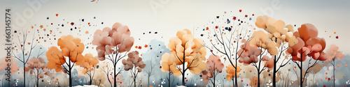 watercolor drawing long narrow panorama painting multi colored autumn forest on a white background banner