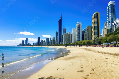 sandy beach with views of city skyscrapers