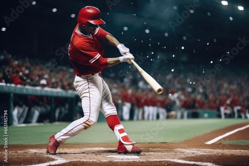 baseball player in a red uniform hits the ball with a bat in a stadium filled with spectators