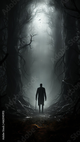 Horror a lonely silhouette vertical, high, narrow, in a gloomy foggy forest, maniac thriller the darkness of the night
