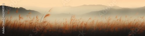 long panorama silhouettes of the autumn fog at sunset, freedom and silence of nature wild forest in sunset colors