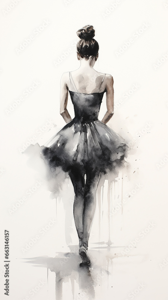 Fototapeta premium ballerina view high, vertical, narrow from the back pencil sketch on a white background black and white drawing