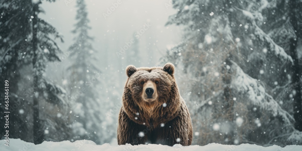 a image grizzly bear waling snowstorm, AI Generative - obrazy, fototapety, plakaty 
