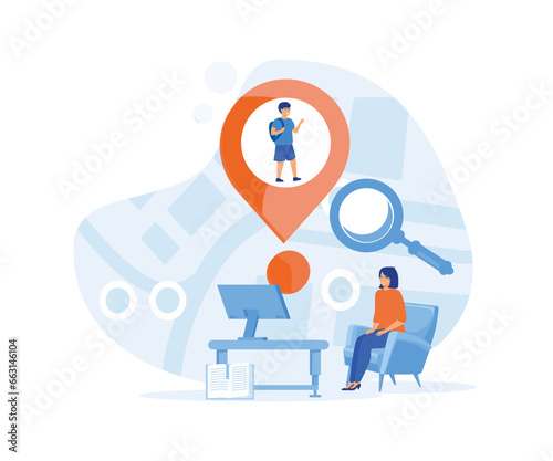 Parental control app. Mom in the office checks her daughter's location using smartphone. Modern technologies and child safety. flat vector modern illustration