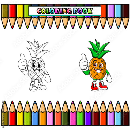Cartoon pineapple giving thumbs up for coloring book