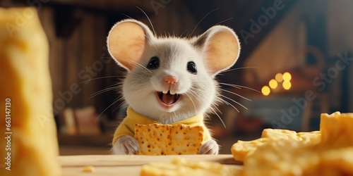 a illustration Cute mouse standing by eating delicious cheese, AI Generative photo