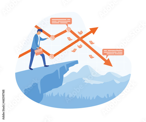 Crisis concept. Bankruptcy with falling down profit graph and money decrease. flat vector modern illustration 
