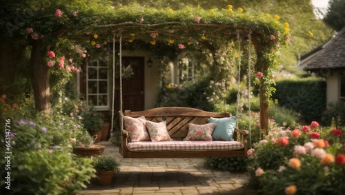 A charming garden nook with a swing bench hanging from a tree branch.