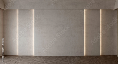 Fototapeta Naklejka Na Ścianę i Meble -  The white concrete and lighting wall background. Minimalist style home interior design of modern living room. 3d rendering.