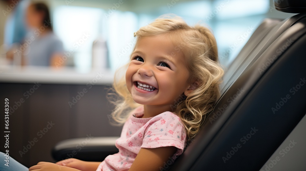 Cute young girl visiting dentist, having his teeth checked by female dentist in dental office