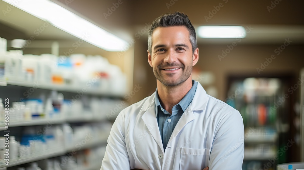 Obraz premium Handsome young male caucasian druggist pharmacist in white medical coat smiling and looking at camera in pharmacy drugstore