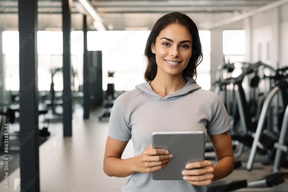 Portrait of a female personal trainer holding tablet and looking at the camera.