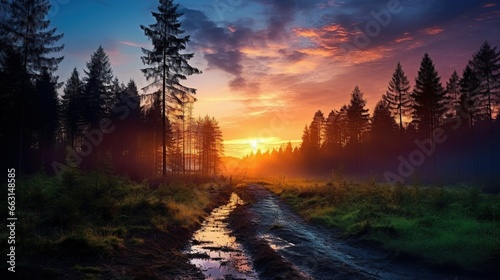 Stock photography of a sunrise in the forest
