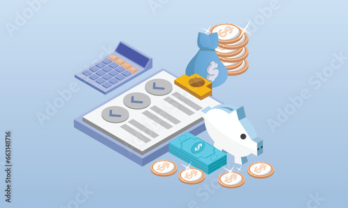 Budget isometric vector concept. Budget planning. Write in a notepad a certain amount of money near each budget item.on blue background.3D design.isometric vector design Illustration.