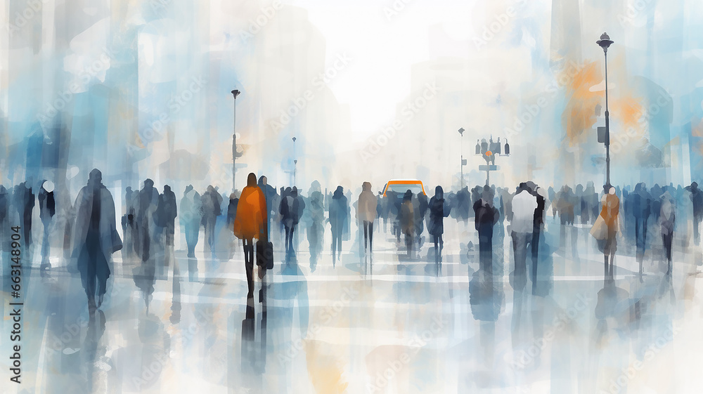 watercolor urban style crowd of people blurred background in gray and light blue November, December seasonal poster