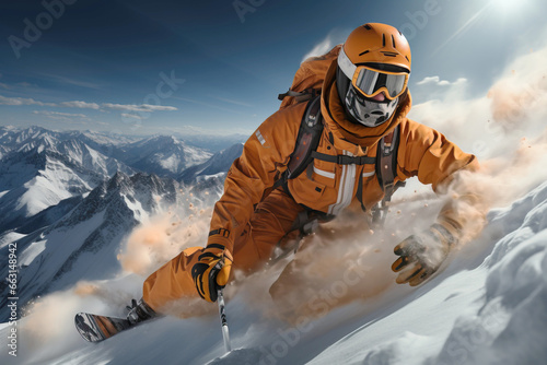 Skiers athletes compete going down from ski mountain. AI generated.