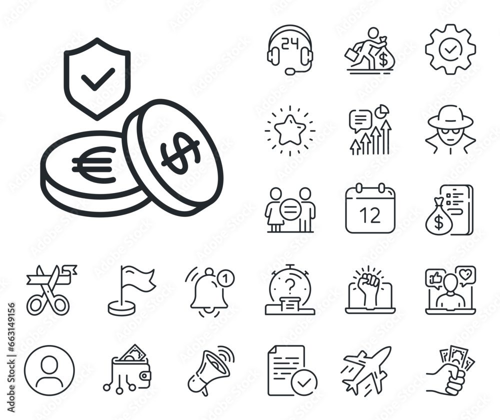 Risk coverage sign. Salaryman, gender equality and alert bell outline icons. Savings insurance line icon. Money protection symbol. Savings insurance line sign. Spy or profile placeholder icon. Vector