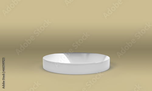 3D rendering of empty space for product display. round pedestal, yellow-gold background