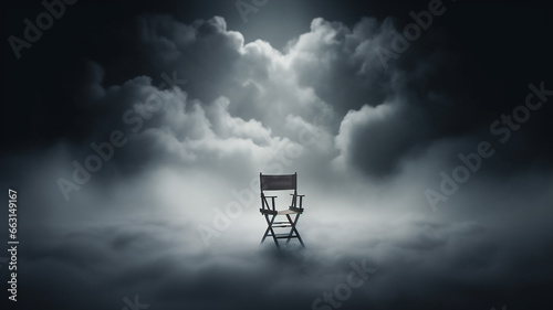 director s place  a lonely chair in the stage smoke on a dark background  the concept of cinema  management  loneliness