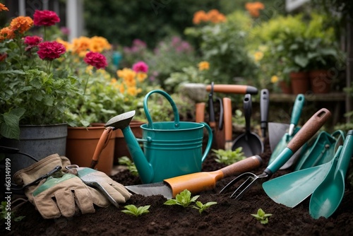 Gardening tools like trowels, watering cans, and gloves placed near the garden bed