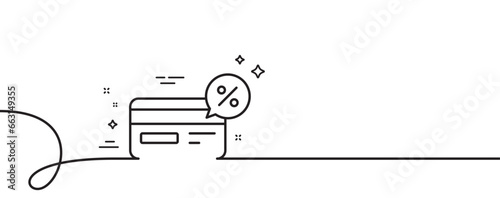 Credit card line icon. Continuous one line with curl. Banking Payment card with Discount sign. Cashback service symbol. Cashback single outline ribbon. Loop curve pattern. Vector