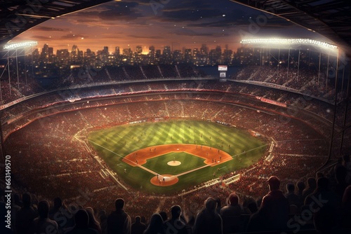 View of a baseball stadium filled with fans. Generative AI
