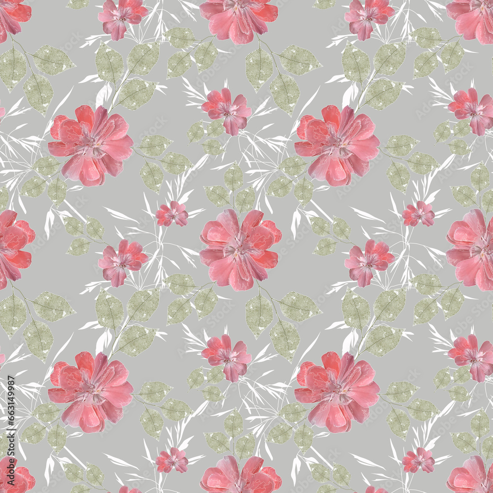 Seamless retro floral pattern. Pink, white flowers on a light gray background.