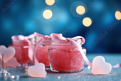 Sweet sugar hearts and flavored pink sugar in a glass bowl, set against a blue background with bokeh lights