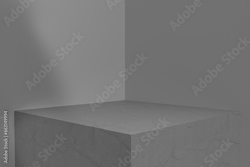 3D rendering of empty space for product display. square pedestal, gray background