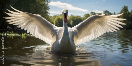 a image Shining white feathered swan sitting on a green lake, AI Generative © Horsi