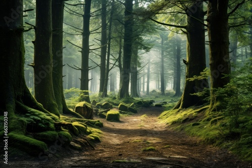 Beautiful trees in forest with moss on stones. Scene beauty nature with green color. Generate Ai