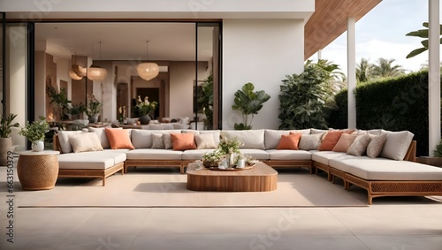 A spacious patio adorned with sleek rattan sectional sofas and a matching coffee table.