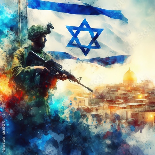 Generative AI image of an Israeli soldier and a lion over a flag of Israel and Jerusalem as a background