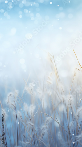 high narrow winter background, blurred in the field, dry blades of grass covered with frost, nature