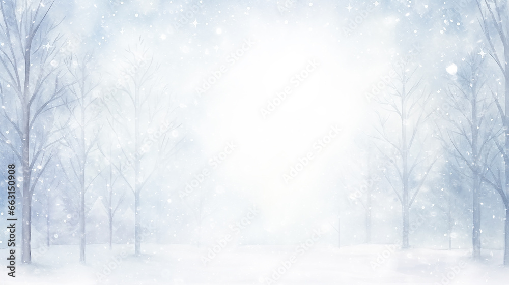 abstract watercolor background snowfall, christmas view blurred blizzard light blue snowflakes on a white city background