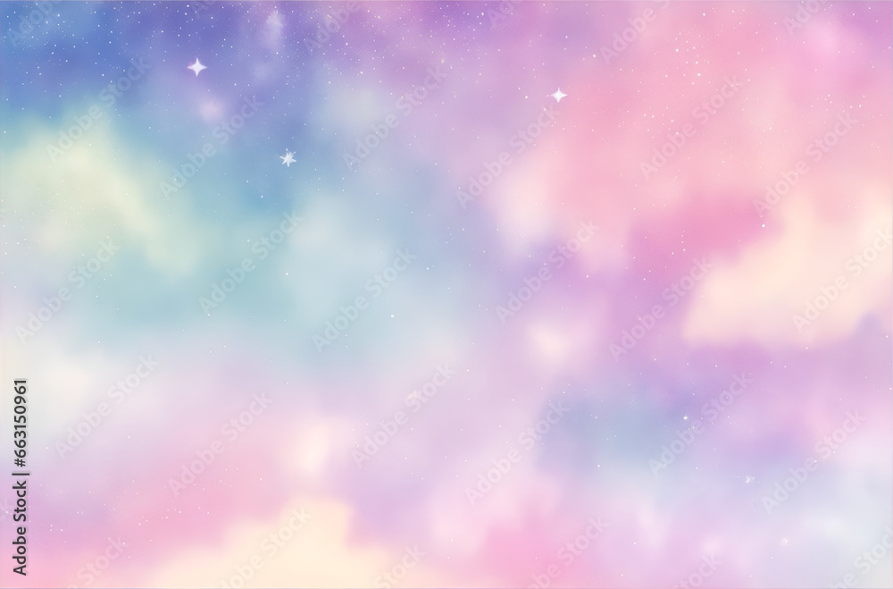 Pastel fantasy sky with bokeh and stars. Magic holographic galaxy