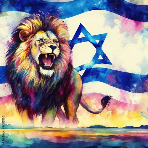 Generative AI image of a lion over a flag of Israel as a background