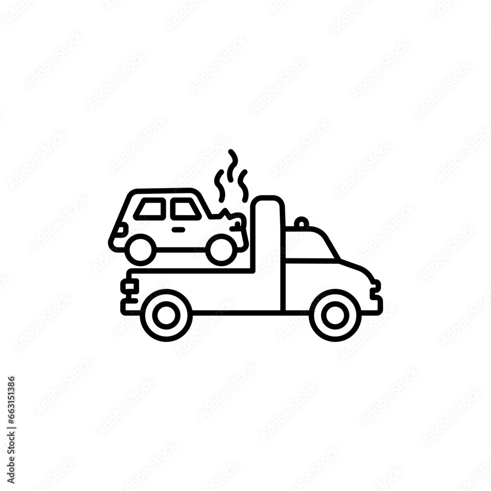 Damaged car on the tow truck. Vector isolated outline drawing. Editable stroke Damaged car on the tow truck. Vector isolated outline drawing. Editable stroke