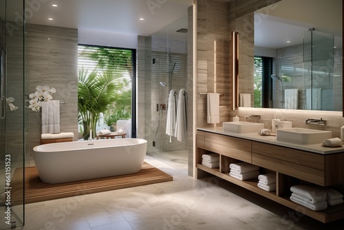 Plan a luxurious bathroom with spa-like features and a neutral color palette