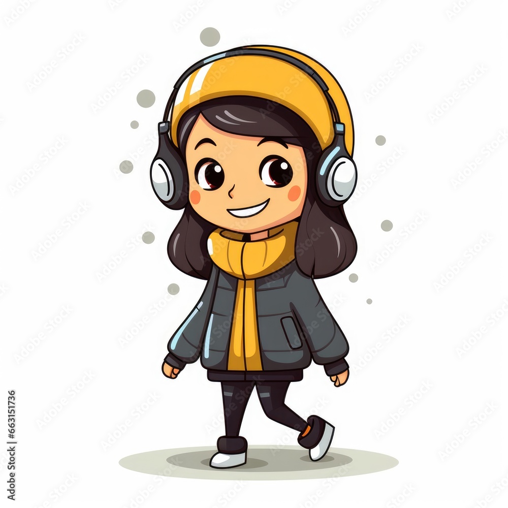 a image cartoon flat of a cute girl wearing headphone, AI Generative