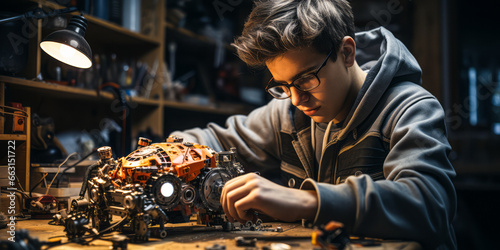 Young Inventor: Teenager Works on Programmable Robot for Robotics Club © Bartek